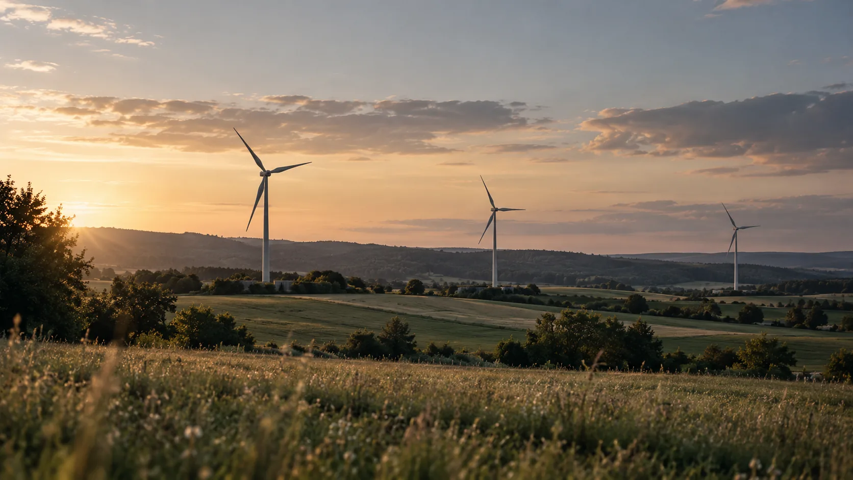 Větrné elektrárny v zelené krajině při západu slunce